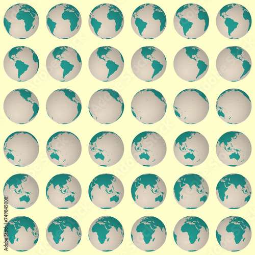 Collection of planet globes. Normal sphere view. Rotation step 10 degrees. Solid color style. World map with dense graticule lines on warm background. Incredible vector illustration.
