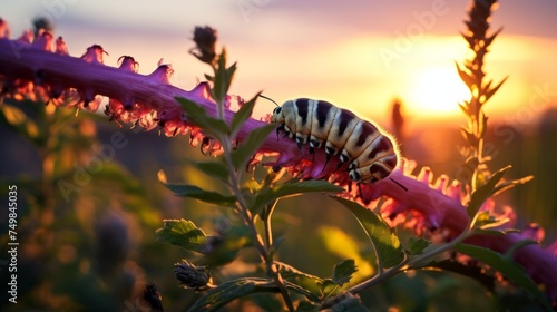 Close-up of a caterpillar on a pink flower during a mild sunset. Nature, Landscape, Golden Hour, Summer, Animals, Insects, Wildlife concepts.