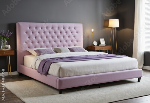 lavender upholstered platform bed isolated on a transparent background