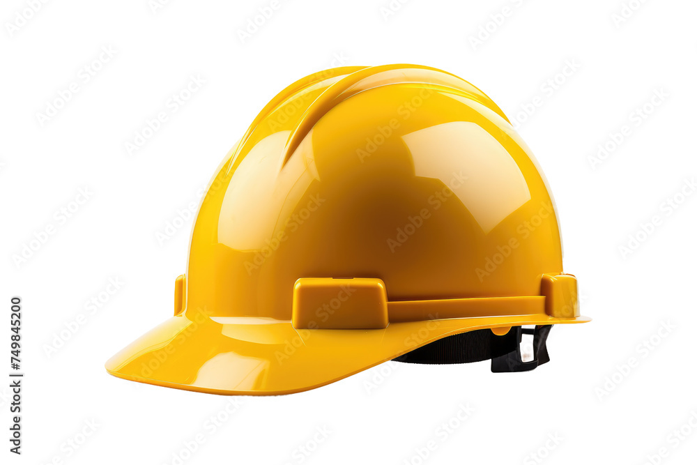 Fototapeta premium Yellow Hard Hat. A bright yellow hard hat is placed on a clean white background. The hard hat is a standard safety equipment used on construction sites to protect workers from head injuries.