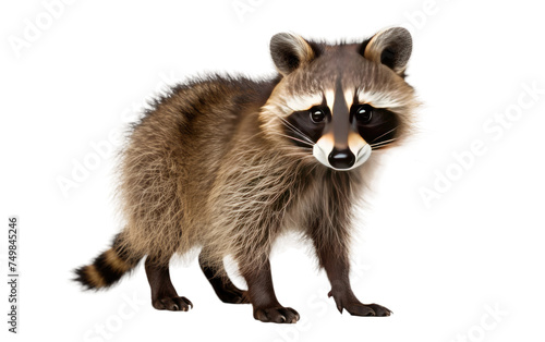 Raccoon Standing. A raccoon is standing on a plain white background. The animals fur is grey and black and its distinctive facial mask is visible. on White or PNG Transparent Background.
