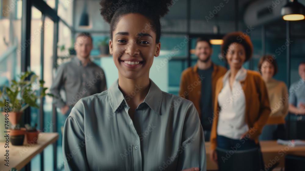 A young professional woman stands confidently in a lively office, team behind her. A young professional woman stands confidently in a lively office, team behind her.