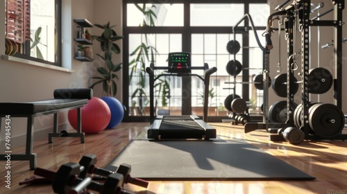 An impeccably designed home gym with state-of-the-art equipment, bathed in natural light, offers a serene environment for a high-tech workout experience.