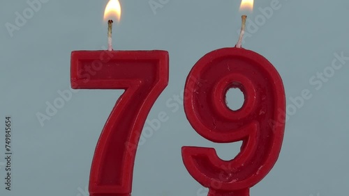 close up on a red number seventy seventh birthday candle on a white background.
 photo
