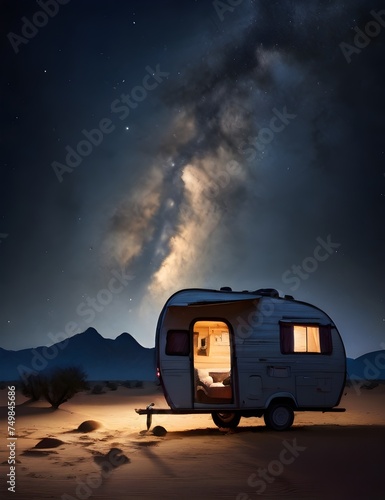 Silhouette of caravan in desert under starry night Generative AI