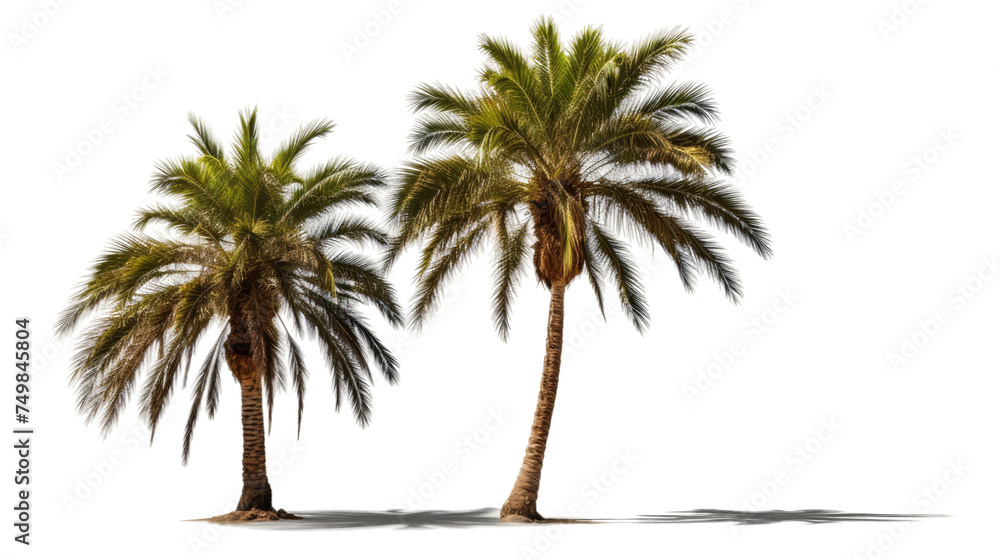 Obraz premium Tropical palm tree pair illustration, green fronds and brown trunks, exotic nature graphic for travel posters and branding isolated on Transparent Background