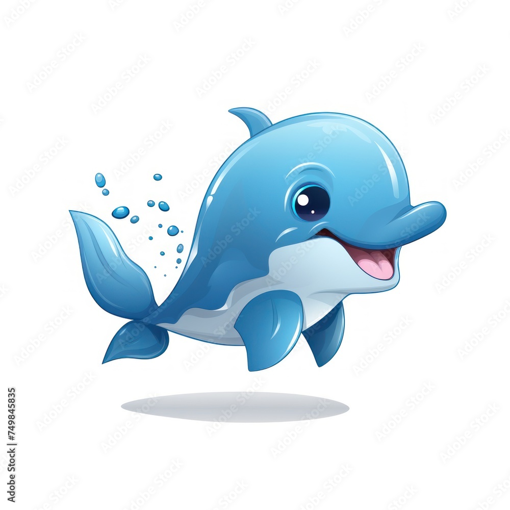 Fototapeta premium Cute blue dolphin cartoon illustration white background, colored drawing, vector Illustration