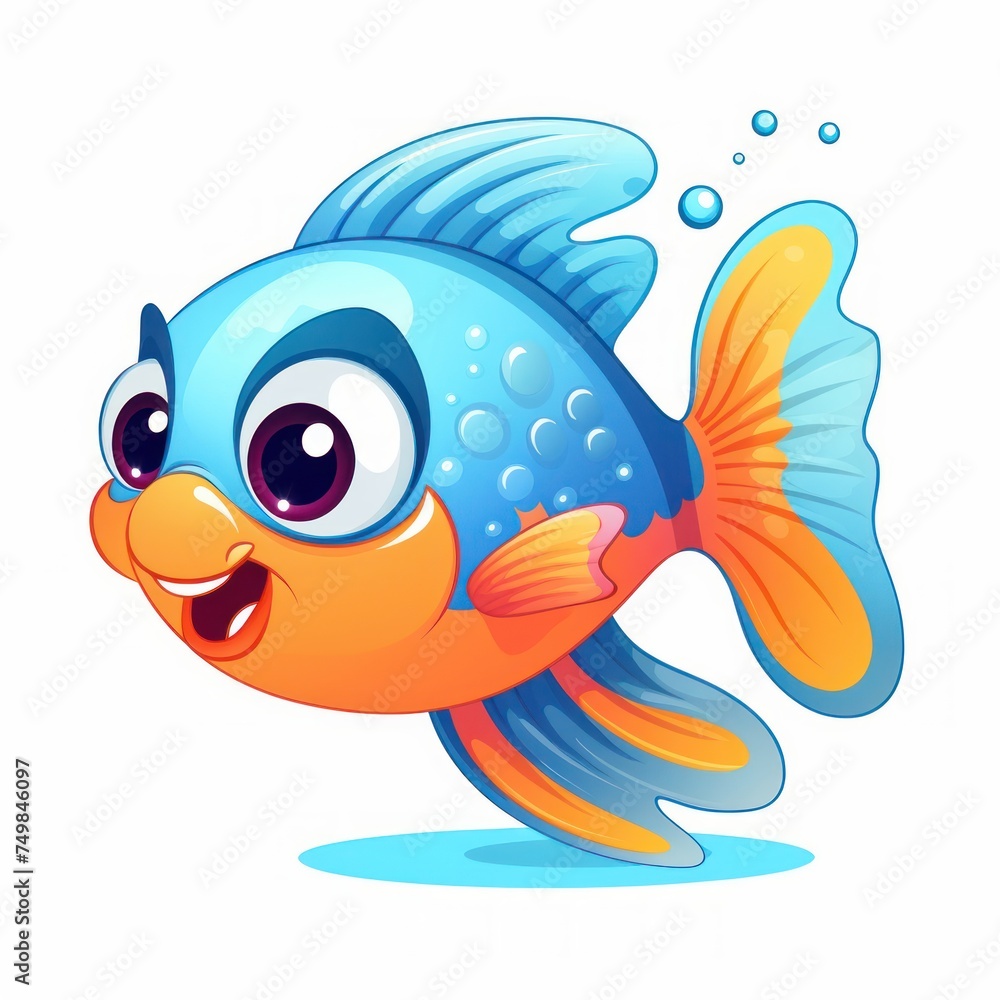 Fototapeta premium Cute fish cartoon illustration white background, colored drawing, vector Illustration