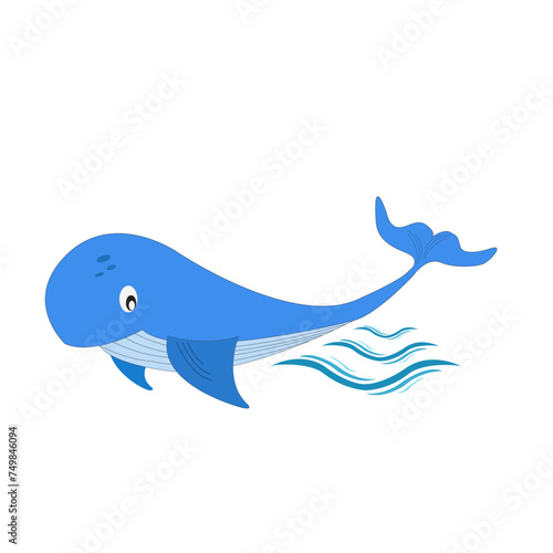 Baleine vue de profil sur un ensemble de vagues bleues et fond blanc