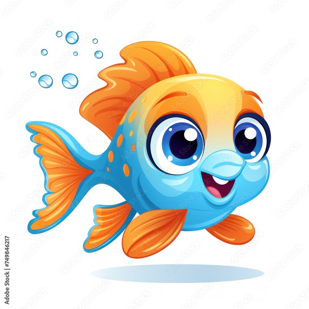 Cute fish cartoon illustration white background, colored drawing, vector Illustration