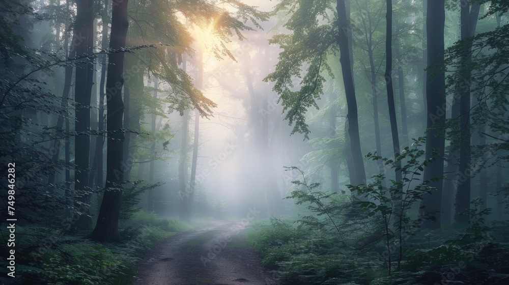 A pathway leads through a misty forest, with the morning light creating an ethereal and mystical atmosphere among the towering trees. A pathway leads through a misty forest, with the morning light creating an ethereal and mystical atmosphere among the towering trees.