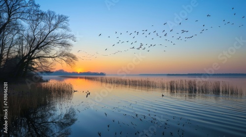 A serene sunrise scene unfolds with a flock of birds taking flight over a calm lake  the sky painted with soft hues of dawn.
