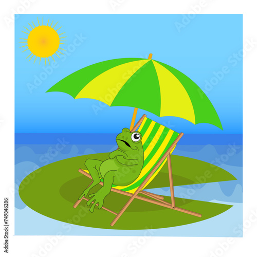 Grenouille assise sur une chaise-longue, sur une feuille de nénuphar sous un parasol avec fond de ciel en dégradé bleu et soleil brillant