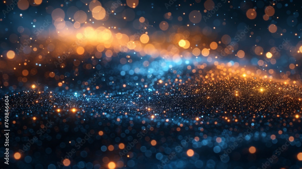 A glittery vintage lights background in black, blue, and gold. Defocused