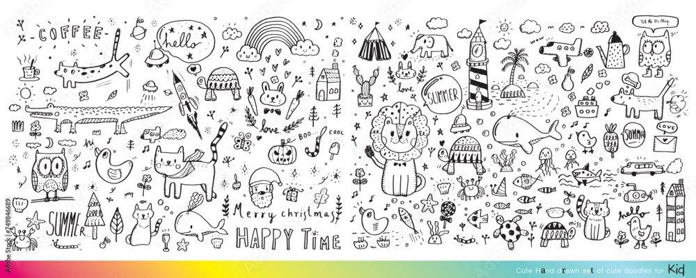 Obraz premium Vector illustration of Doodle cute for kid, Hand drawn set of cute doodles for decoration,Funny Doodle Hand Drawn, Summer, Doodle set of objects from a child's life,Cute animal