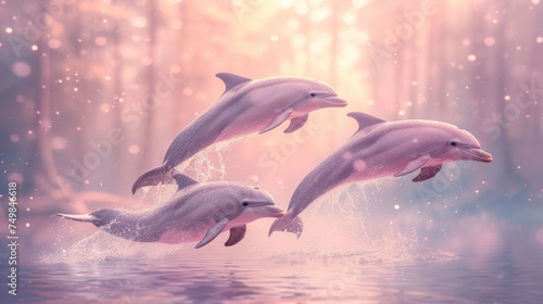 three dolphins jump out of the water in a surrealistic scene with sunlight shining through the trees and shining on the water.
