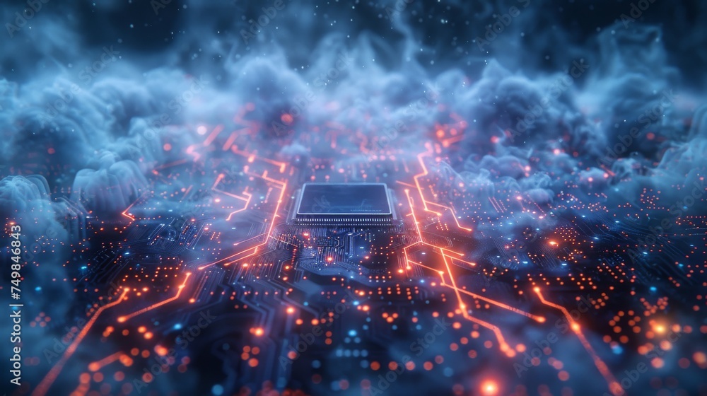 The circuit board is on a dark blue background with cloud and smoke floating up the interior texture. This is an illustration-tech concept or a concept of digital future technology.