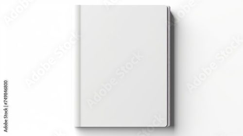 A realistic blank white book cover, complete with shadow, is presented in a 3D vertical notebook mockup, isolated on a white background. photo