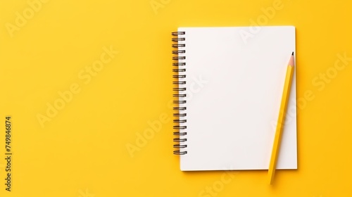 A white notepad, devoid of content, rests open alongside a pencil on a yellow background, photographed from a top perspective, providing space for additional text.