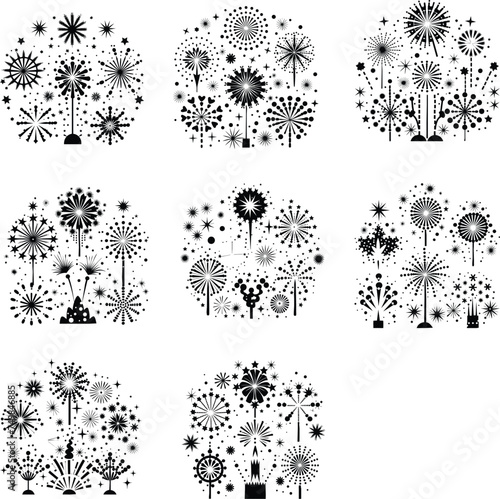 Set of fireworks black and white vector