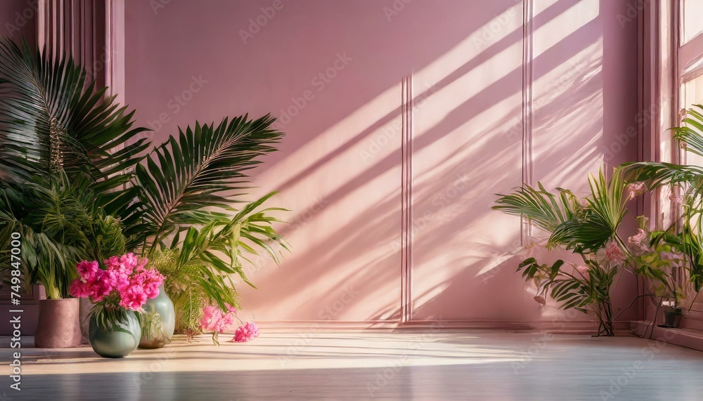 Abstract gradient pink studio background for product presentation. Empty room with shadows of window and flowers and palm leaves, Ai Generate 