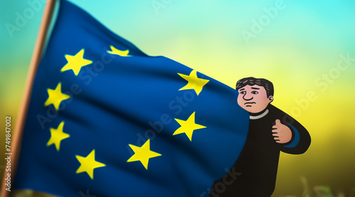 European Union flag on a yellow and blue background. The flag of the European Union against the background of the flag of Ukraine. Obtaining European citizenship and residence permit EU