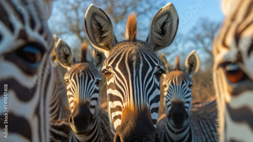 a herd of zebra standing next to each other on top of a grass covered field with trees in the background.