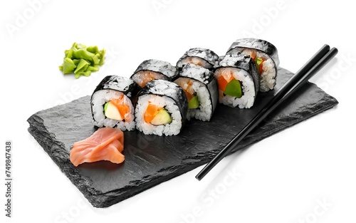 Maki Sushi rolls with salmon and tuna. Isolated on white background