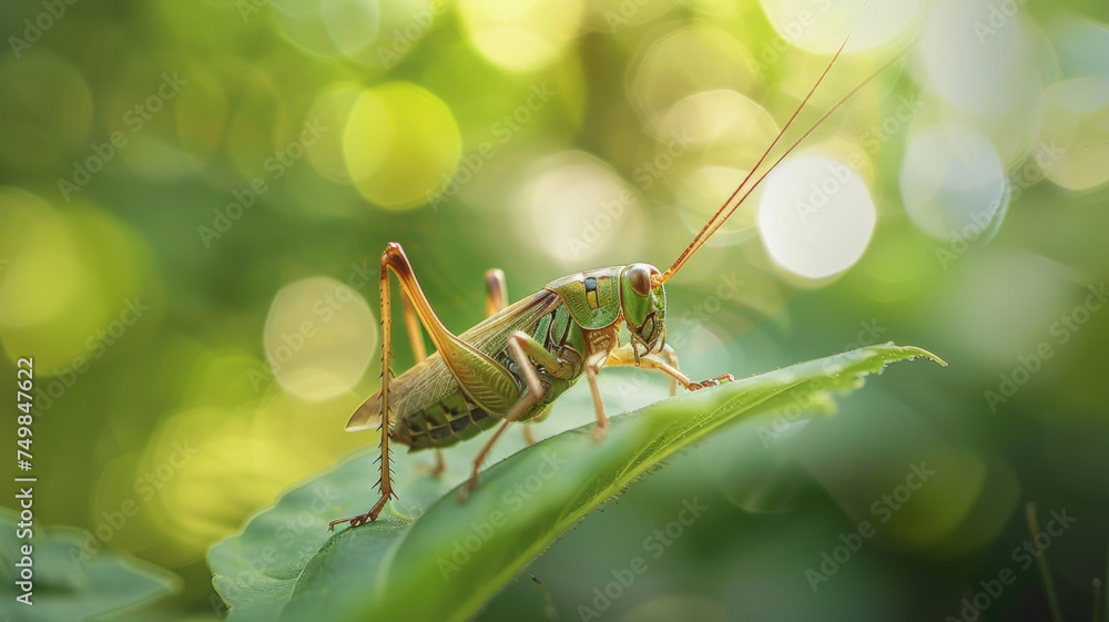 Fototapeta premium Majestic grasshopper perches, a tiny conductor orchestrating nature.