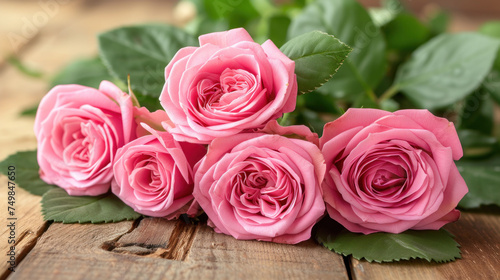 a group of pink roses sitting on top of a wooden table next to a green leafy bush of leaves.