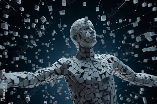 a human body made of squares and cubes  standing in front of a digital background with abstract particles in space  cybernetics  computer rendering