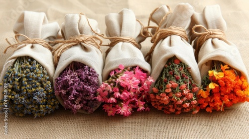 a close up of a bunch of flowers tied to a burlap bag with twine of twine. photo