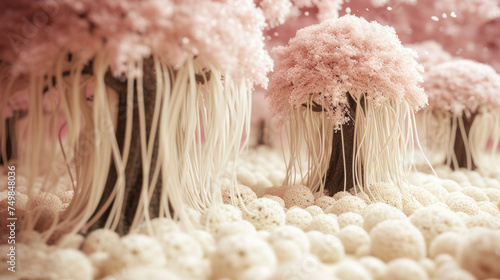 a bunch of fake trees that are in some kind of fake world with white balls on the ground and pink flowers on the top of them. photo