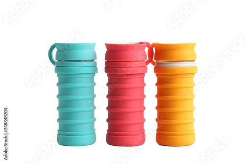 Three Different Colors of Thermos Are Shown. Three thermos containers of different colors are displayed side by side on a white background. Each thermos has a unique design and color scheme.