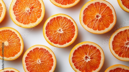 a group of oranges cut in half sitting on top of a white table next to each other on top of a white surface.