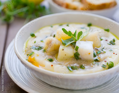 hearty bowl of Cullen Skink, a traditional Scottish soup, served with grilled bread on a rustic wooden table, suggesting a homemade meal