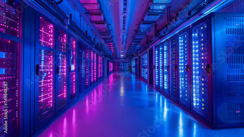 Modern data center with rows of server equipment illuminated by blue and pink neon lighting, highlighting advanced technology infrastructure. Cloud computing in smart manufacturing