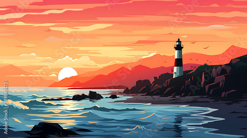 A vector illustration of a coastal lighthouse at sunset.