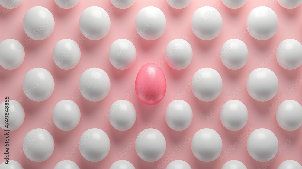 a group of white and pink eggs on a pink and white background with a pink egg in the middle of the photo.