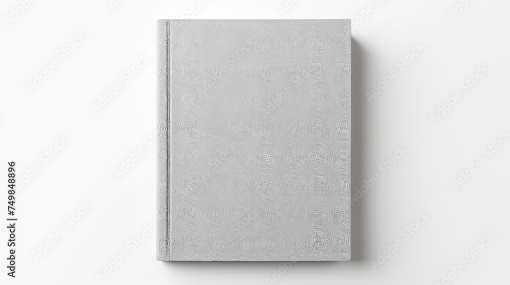 From a top view, a blank hardcover book with a light gray fabric cover is isolated on a white background, serving as a canvas cover book mockup. From a top view, a blank hardcover book with a light gray fabric cover is isolated on a white background, serving as a canvas cover book mockup.