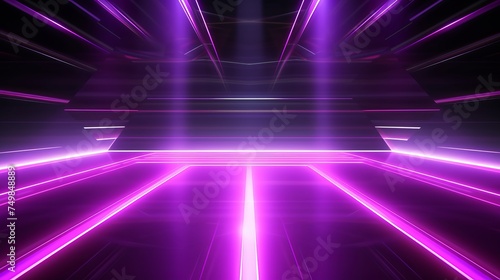 Empty Stage Background in Purple Color with Spotlights and Neon Rays. Abstract Background with Neon Lines and Glow.