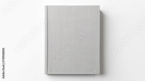 From a top view, a blank hardcover book with a light gray fabric cover is isolated on a white background, serving as a canvas cover book mockup. photo