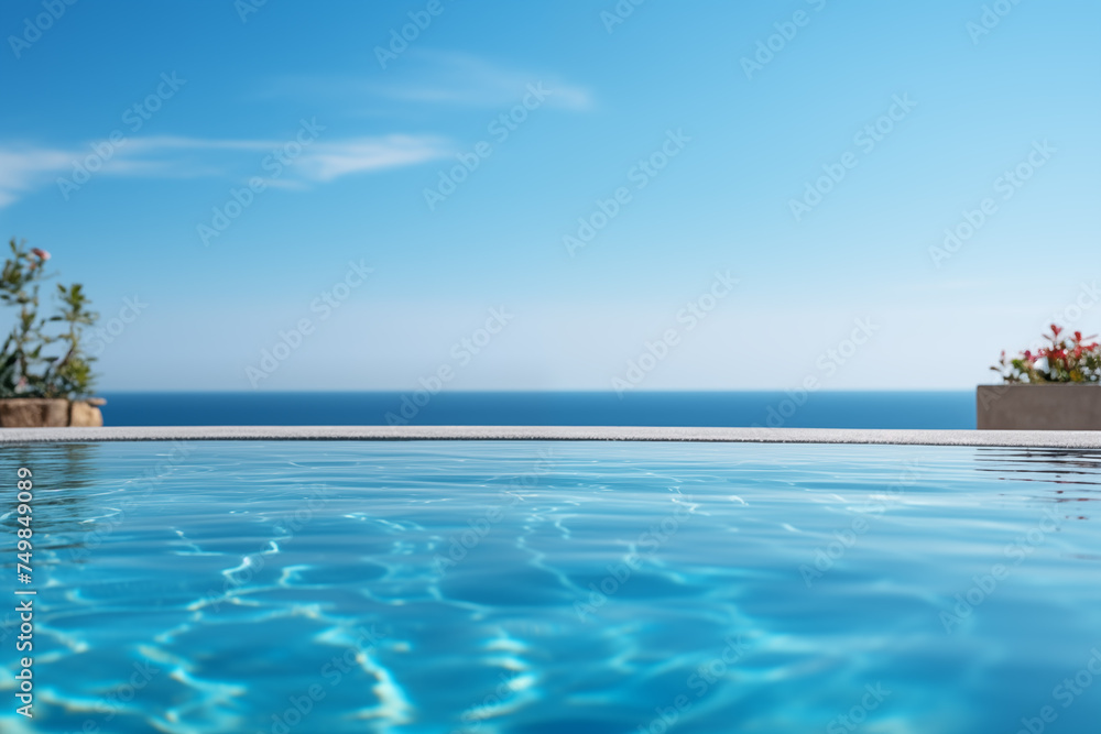 Tropical swimming pool. Ocean view pool. Relax, spa, hotel. Vacation, travel, holidays.