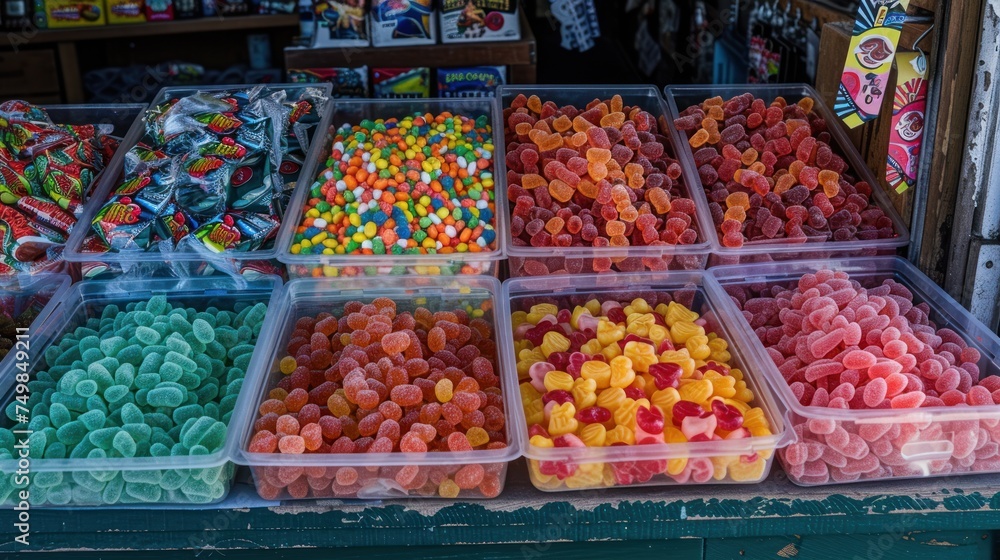 a display in a store filled with lots of different types of candies in plastic containers on top of each other.