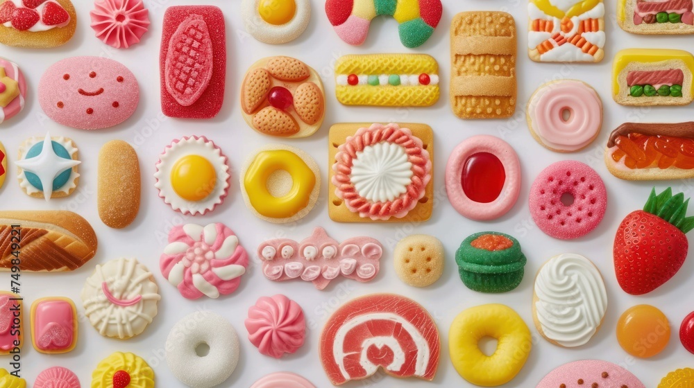 a white surface covered in lots of different types of cookies and doughnuts on top of eachother. a white surface covered in lots of different types of cookies and doughnuts on top of eachother.