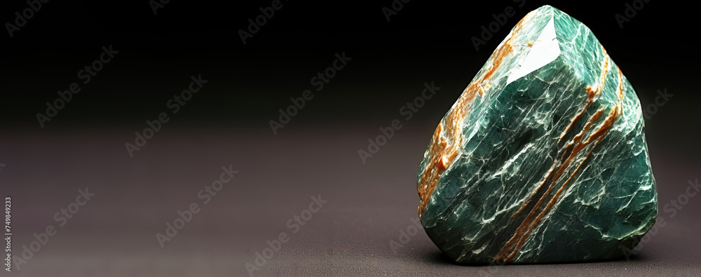Aventurine is a rare precious natural stone on a black background. AI generated. Header banner mockup with space.