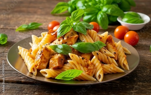 Penne pasta in tomato sauce with chicken and tomatoes on a wooden table