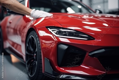 Professional unrecognizable Caucasian specialist male man guy worker master wrapping installing protective film vinyl foil new red sport car automobile transport paint protection indoors salon service photo