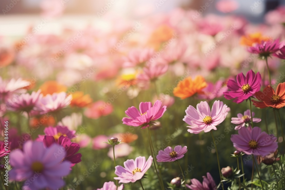 Fototapeta premium Purple pink beautiful multicolored flowers blooming garden outdoors park beauty summer meadows backdrop spring background wallpaper bright colorful flora plants blossom sunlight field nature rural