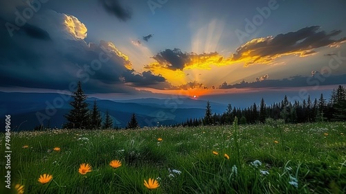 the sun is setting over the mountains with wildflowers in the foreground and trees in the foreground. photo